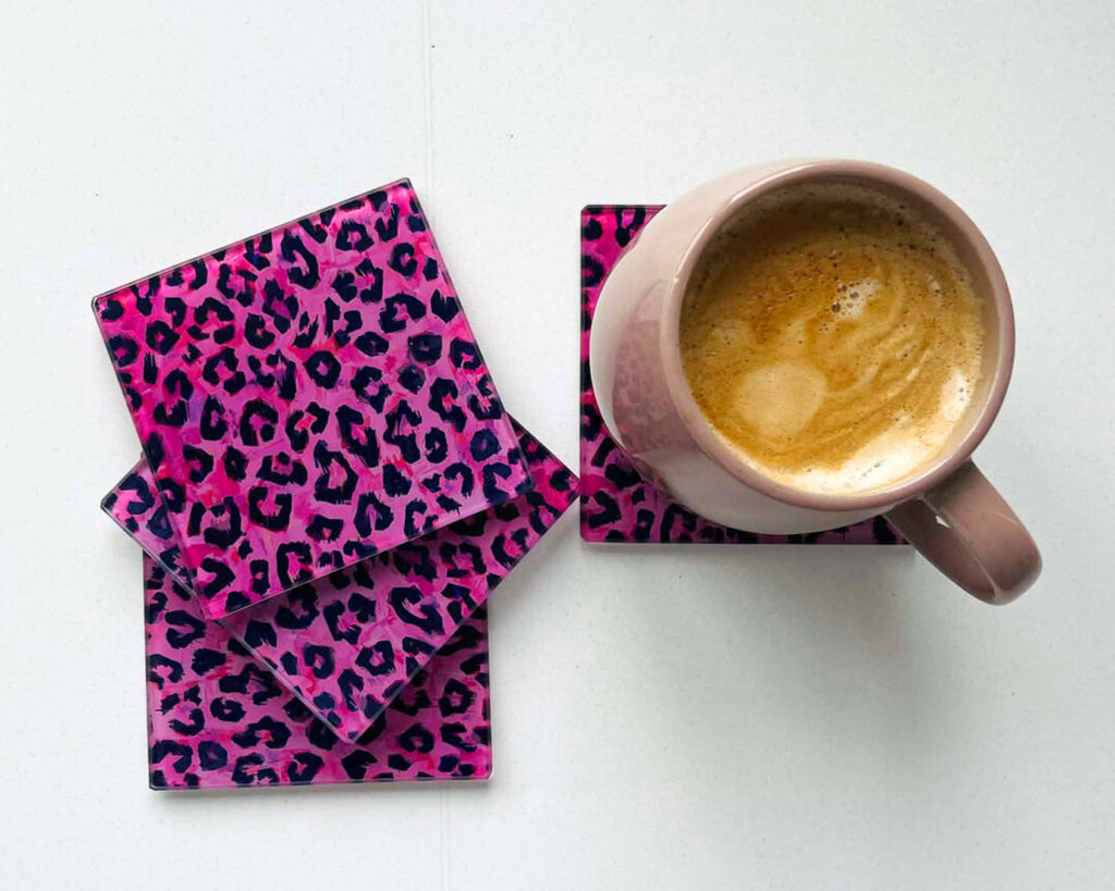 After Hours – Neon Leopard Glass Coasters (Set of 4)