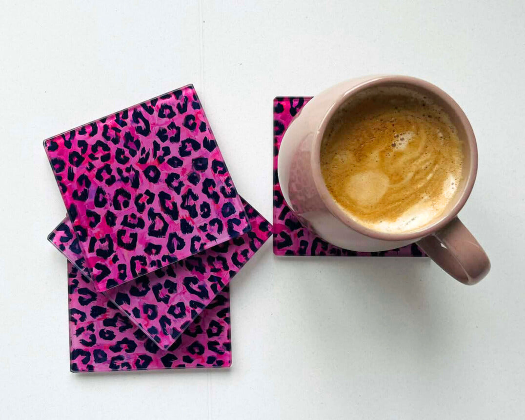 After Hours – Neon Leopard Glass Coasters (Set of 4)