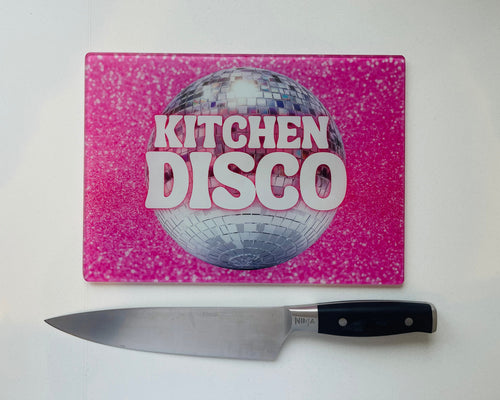 'Kitchen Disco' – Cheeky Slogan Glass Chopping Board
