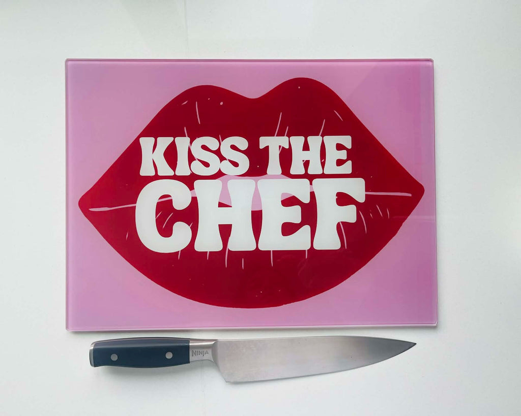 'Kiss The Chef' – Cheeky Slogan Glass Chopping Board