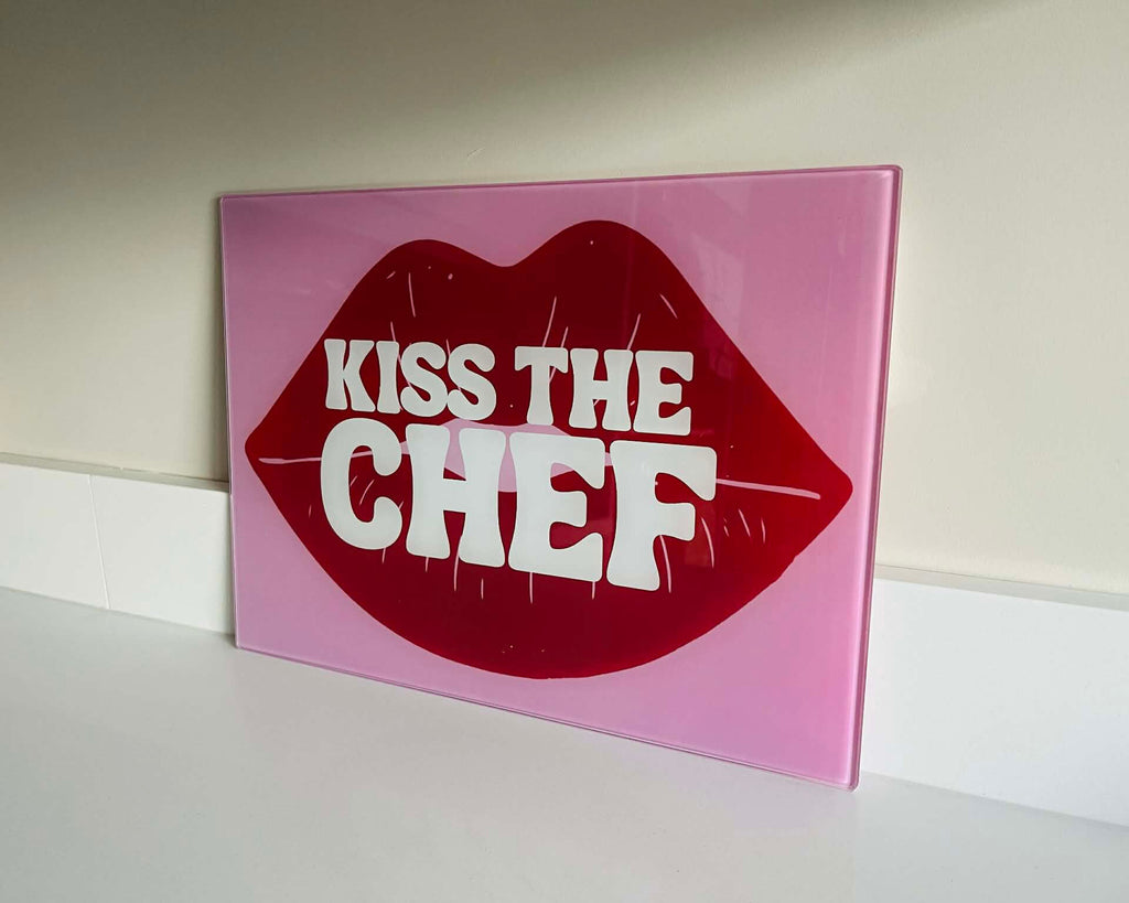 'Kiss The Chef' – Cheeky Slogan Glass Chopping Board
