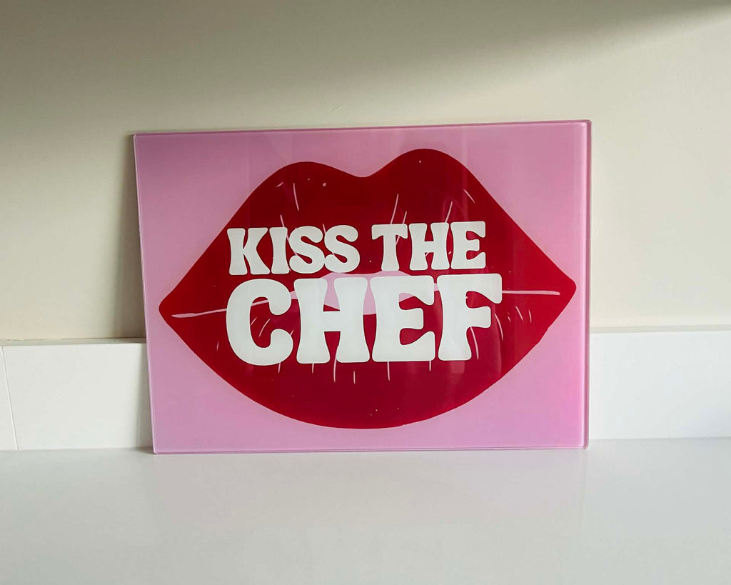 'Kiss The Chef' – Cheeky Slogan Glass Chopping Board